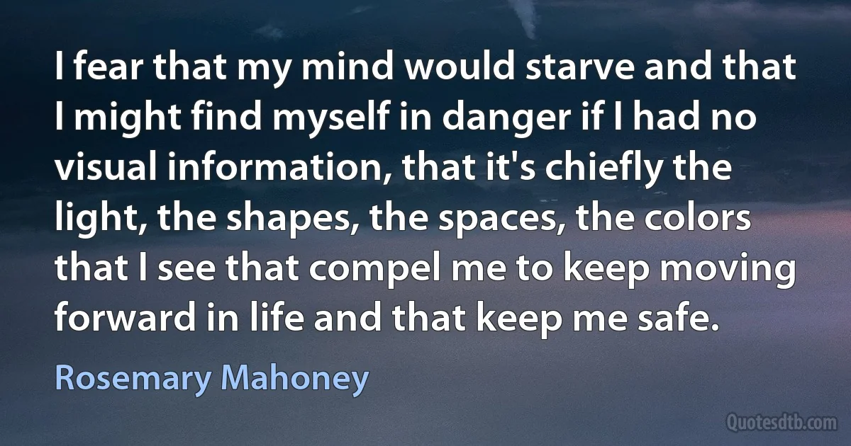 I fear that my mind would starve and that I might find myself in danger if I had no visual information, that it's chiefly the light, the shapes, the spaces, the colors that I see that compel me to keep moving forward in life and that keep me safe. (Rosemary Mahoney)