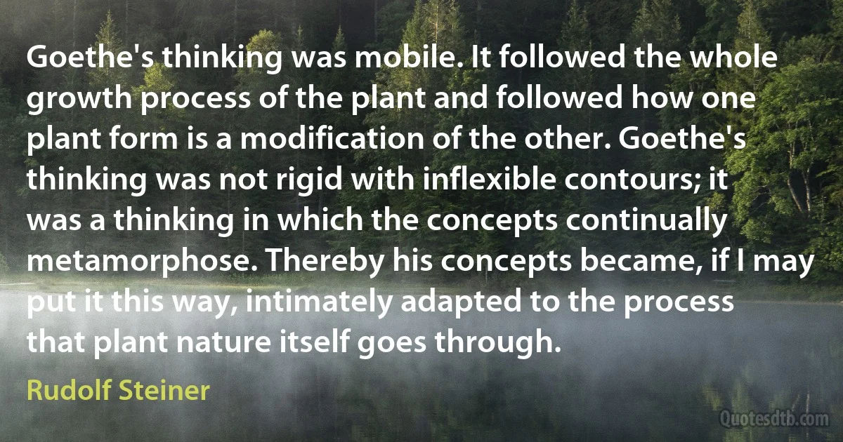 Goethe's thinking was mobile. It followed the whole growth process of the plant and followed how one plant form is a modification of the other. Goethe's thinking was not rigid with inflexible contours; it was a thinking in which the concepts continually metamorphose. Thereby his concepts became, if I may put it this way, intimately adapted to the process that plant nature itself goes through. (Rudolf Steiner)