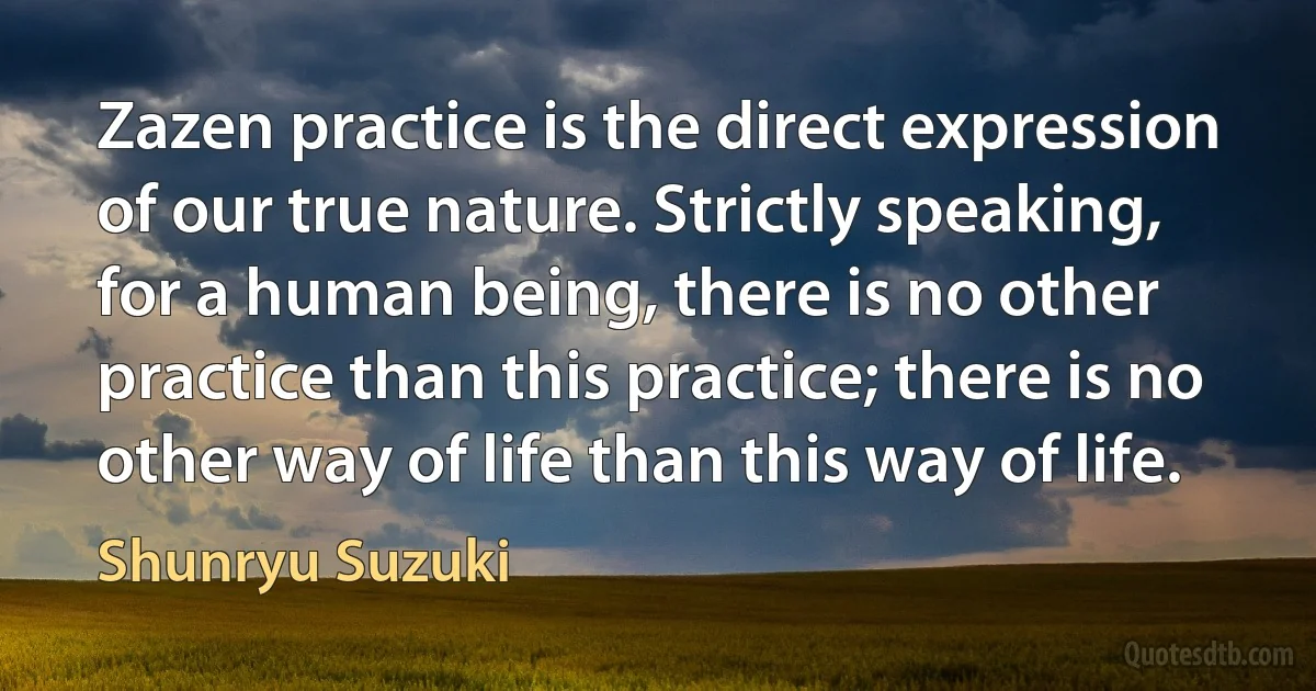 Zazen practice is the direct expression of our true nature. Strictly speaking, for a human being, there is no other practice than this practice; there is no other way of life than this way of life. (Shunryu Suzuki)