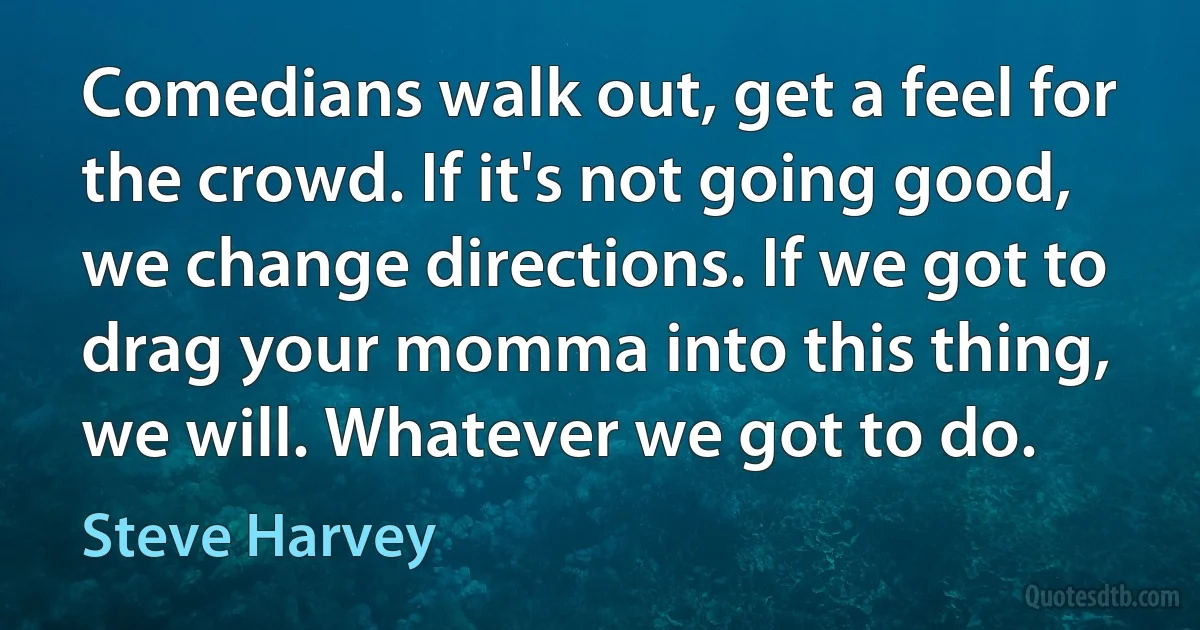 Comedians walk out, get a feel for the crowd. If it's not going good, we change directions. If we got to drag your momma into this thing, we will. Whatever we got to do. (Steve Harvey)