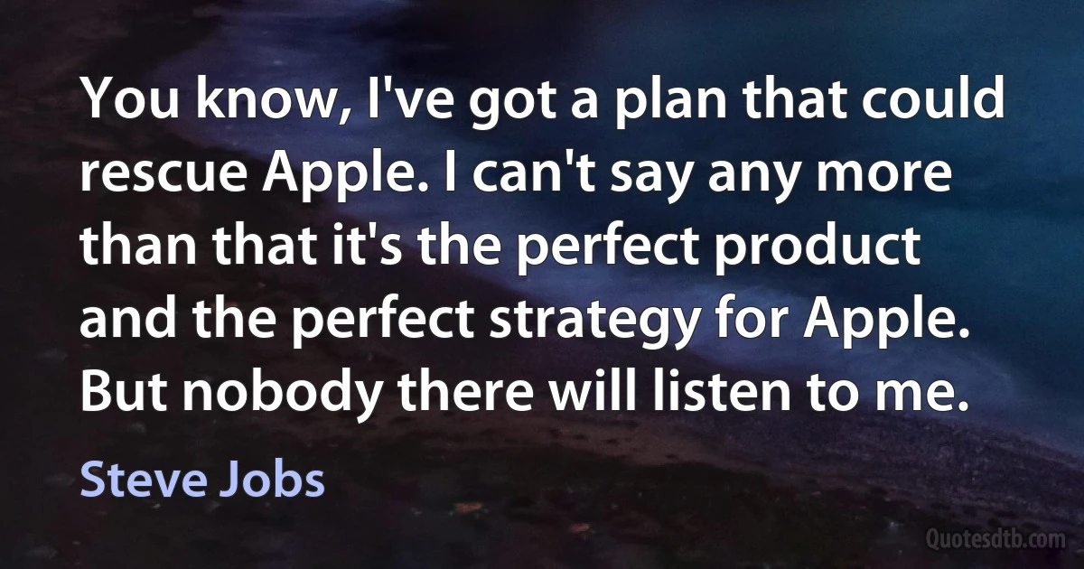 You know, I've got a plan that could rescue Apple. I can't say any more than that it's the perfect product and the perfect strategy for Apple. But nobody there will listen to me. (Steve Jobs)