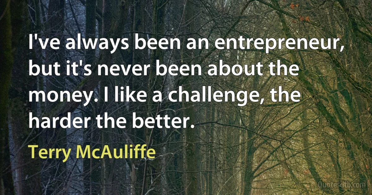 I've always been an entrepreneur, but it's never been about the money. I like a challenge, the harder the better. (Terry McAuliffe)