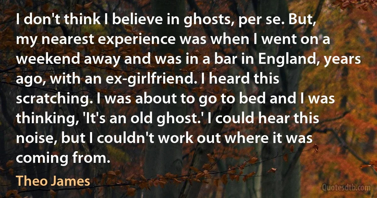 I don't think I believe in ghosts, per se. But, my nearest experience was when I went on a weekend away and was in a bar in England, years ago, with an ex-girlfriend. I heard this scratching. I was about to go to bed and I was thinking, 'It's an old ghost.' I could hear this noise, but I couldn't work out where it was coming from. (Theo James)