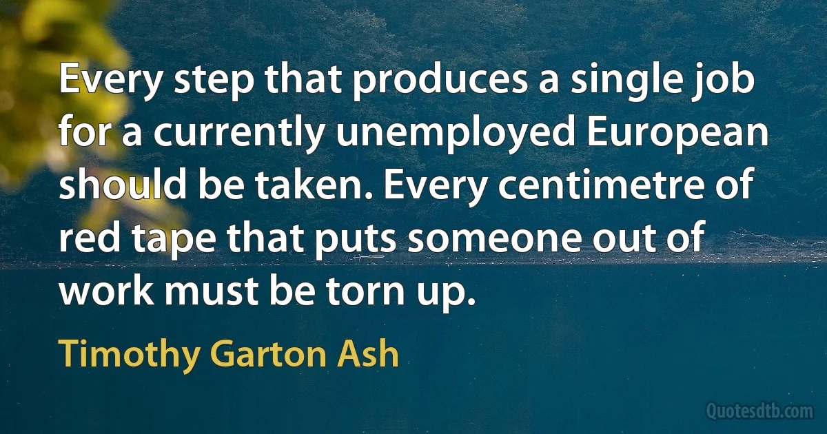 Every step that produces a single job for a currently unemployed European should be taken. Every centimetre of red tape that puts someone out of work must be torn up. (Timothy Garton Ash)