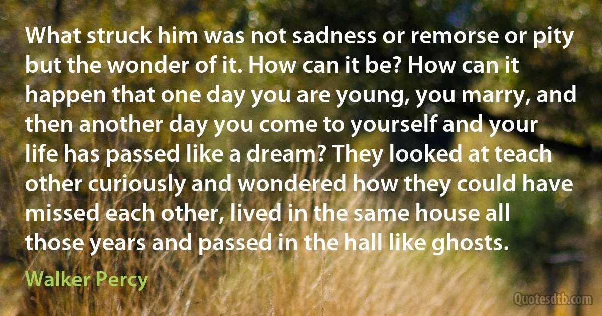 What struck him was not sadness or remorse or pity but the wonder of it. How can it be? How can it happen that one day you are young, you marry, and then another day you come to yourself and your life has passed like a dream? They looked at teach other curiously and wondered how they could have missed each other, lived in the same house all those years and passed in the hall like ghosts. (Walker Percy)