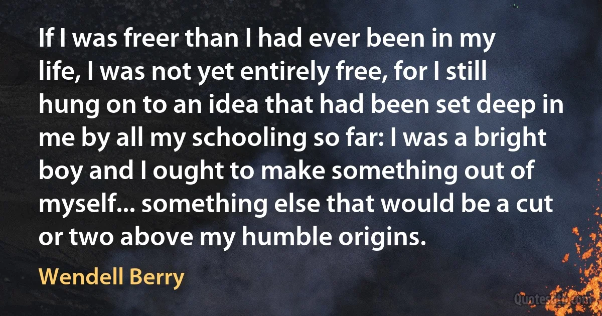 If I was freer than I had ever been in my life, I was not yet entirely free, for I still hung on to an idea that had been set deep in me by all my schooling so far: I was a bright boy and I ought to make something out of myself... something else that would be a cut or two above my humble origins. (Wendell Berry)