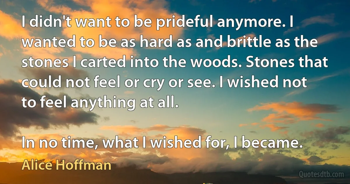 I didn't want to be prideful anymore. I wanted to be as hard as and brittle as the stones I carted into the woods. Stones that could not feel or cry or see. I wished not to feel anything at all.

In no time, what I wished for, I became. (Alice Hoffman)