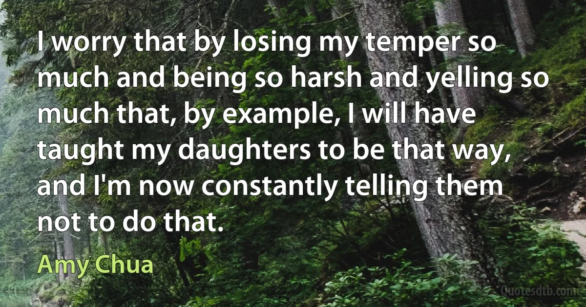 I worry that by losing my temper so much and being so harsh and yelling so much that, by example, I will have taught my daughters to be that way, and I'm now constantly telling them not to do that. (Amy Chua)