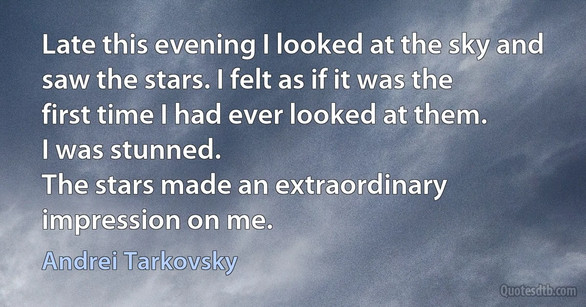 Late this evening I looked at the sky and saw the stars. I felt as if it was the first time I had ever looked at them.
I was stunned.
The stars made an extraordinary impression on me. (Andrei Tarkovsky)