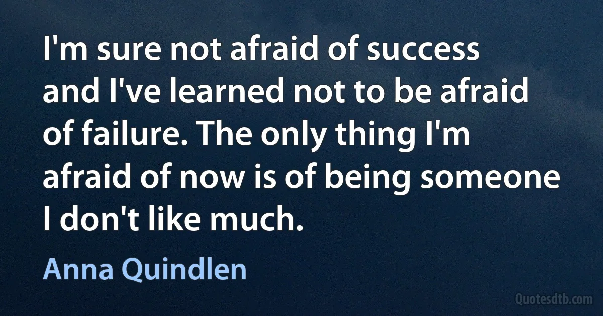 I'm sure not afraid of success and I've learned not to be afraid of failure. The only thing I'm afraid of now is of being someone I don't like much. (Anna Quindlen)