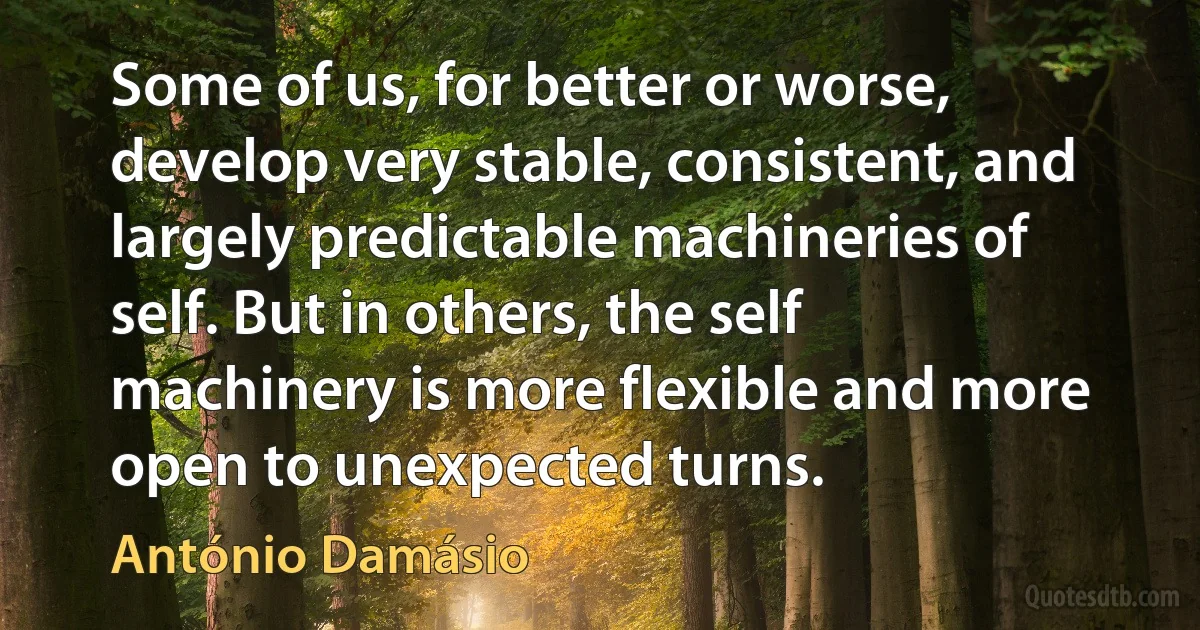 Some of us, for better or worse, develop very stable, consistent, and largely predictable machineries of self. But in others, the self machinery is more flexible and more open to unexpected turns. (António Damásio)