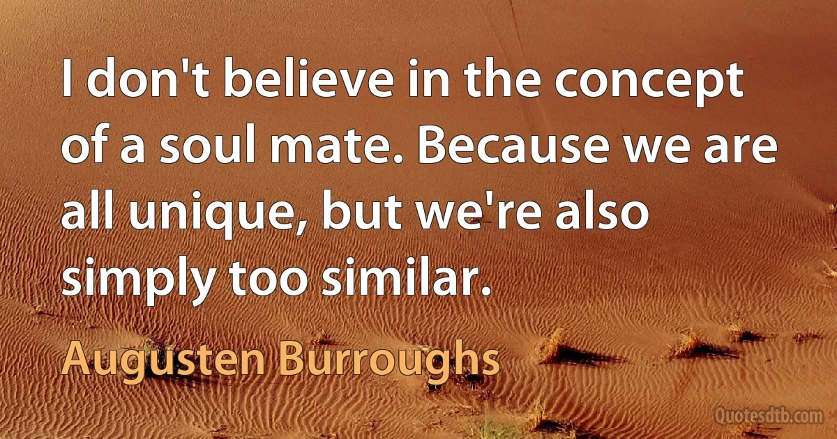 I don't believe in the concept of a soul mate. Because we are all unique, but we're also simply too similar. (Augusten Burroughs)