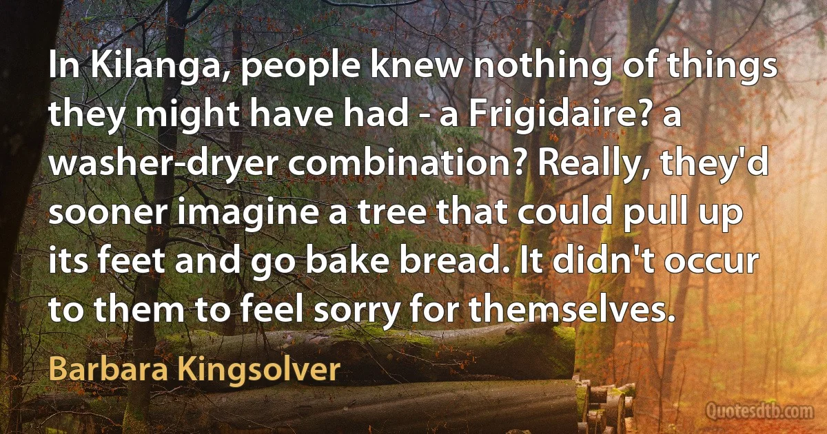 In Kilanga, people knew nothing of things they might have had - a Frigidaire? a washer-dryer combination? Really, they'd sooner imagine a tree that could pull up its feet and go bake bread. It didn't occur to them to feel sorry for themselves. (Barbara Kingsolver)