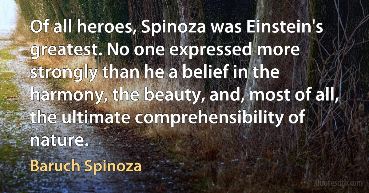 Of all heroes, Spinoza was Einstein's greatest. No one expressed more strongly than he a belief in the harmony, the beauty, and, most of all, the ultimate comprehensibility of nature. (Baruch Spinoza)