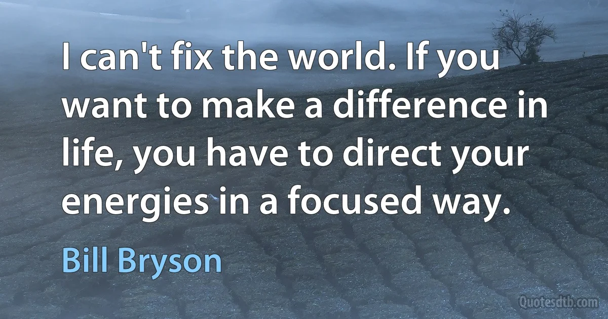 I can't fix the world. If you want to make a difference in life, you have to direct your energies in a focused way. (Bill Bryson)