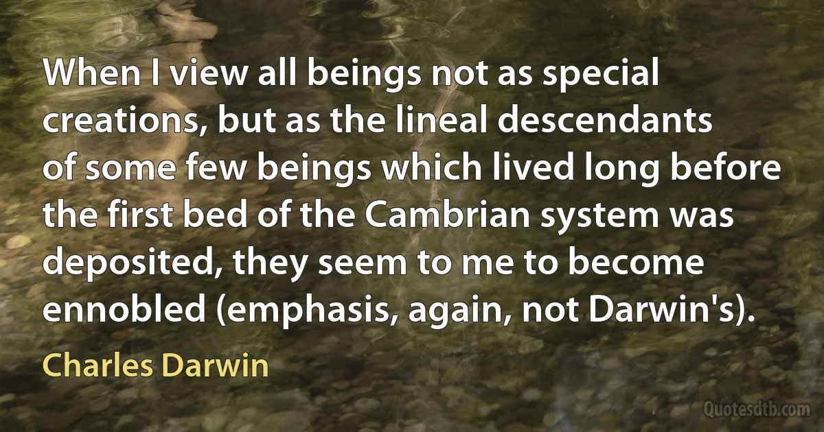 When I view all beings not as special creations, but as the lineal descendants of some few beings which lived long before the first bed of the Cambrian system was deposited, they seem to me to become ennobled (emphasis, again, not Darwin's). (Charles Darwin)