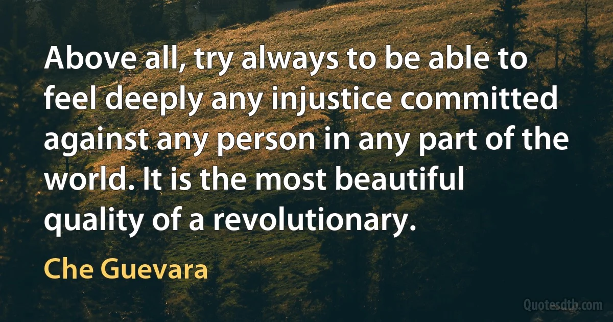 Above all, try always to be able to feel deeply any injustice committed against any person in any part of the world. It is the most beautiful quality of a revolutionary. (Che Guevara)