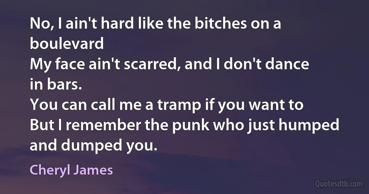 No, I ain't hard like the bitches on a boulevard
My face ain't scarred, and I don't dance in bars.
You can call me a tramp if you want to
But I remember the punk who just humped and dumped you. (Cheryl James)