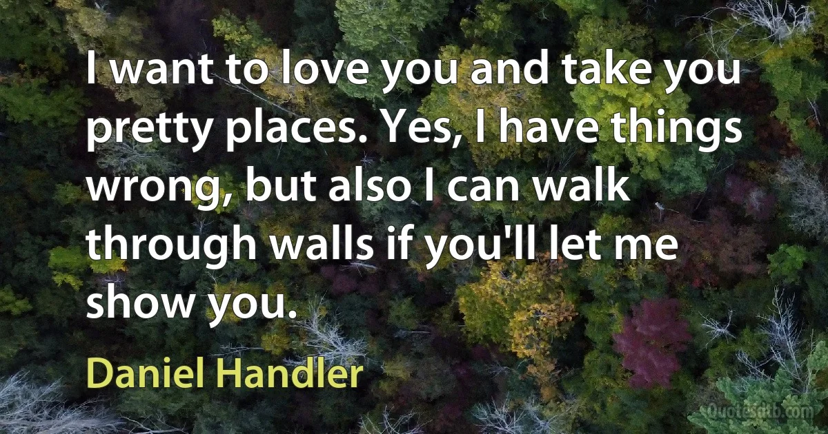 I want to love you and take you pretty places. Yes, I have things wrong, but also I can walk through walls if you'll let me show you. (Daniel Handler)