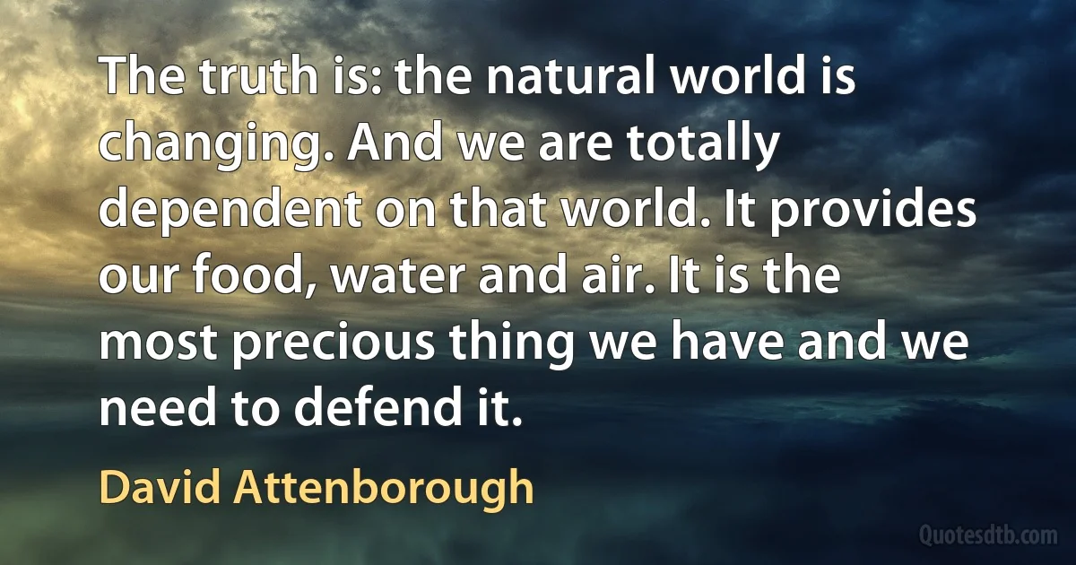 The truth is: the natural world is changing. And we are totally dependent on that world. It provides our food, water and air. It is the most precious thing we have and we need to defend it. (David Attenborough)