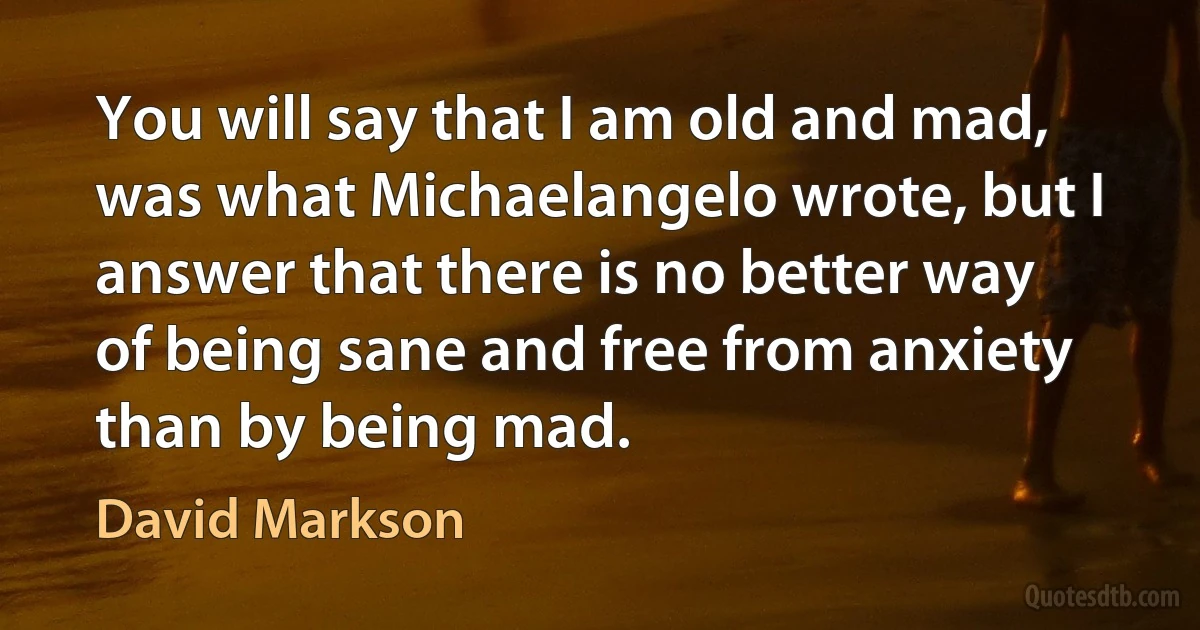 You will say that I am old and mad, was what Michaelangelo wrote, but I answer that there is no better way of being sane and free from anxiety than by being mad. (David Markson)