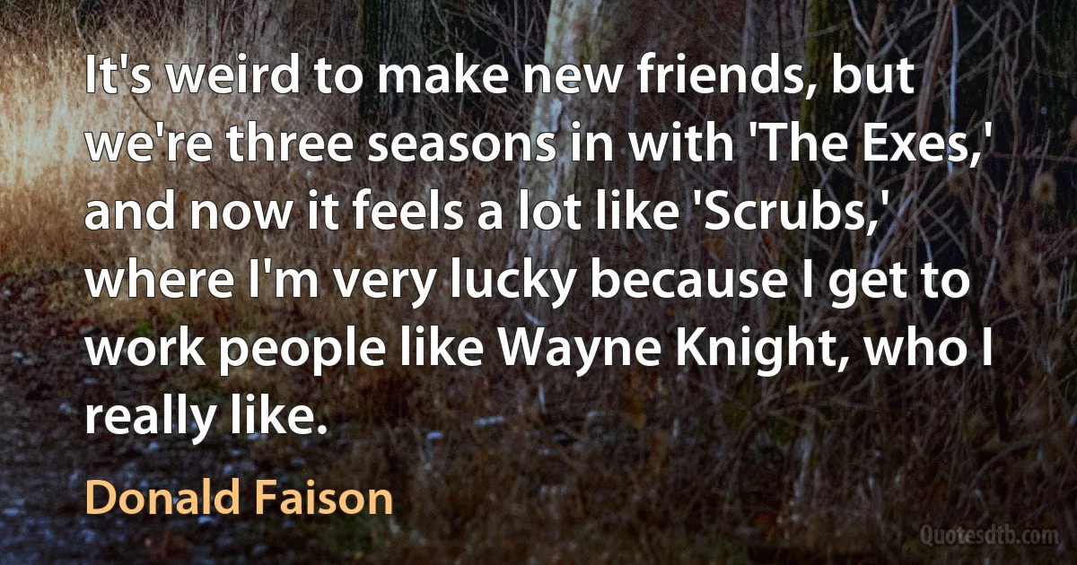 It's weird to make new friends, but we're three seasons in with 'The Exes,' and now it feels a lot like 'Scrubs,' where I'm very lucky because I get to work people like Wayne Knight, who I really like. (Donald Faison)