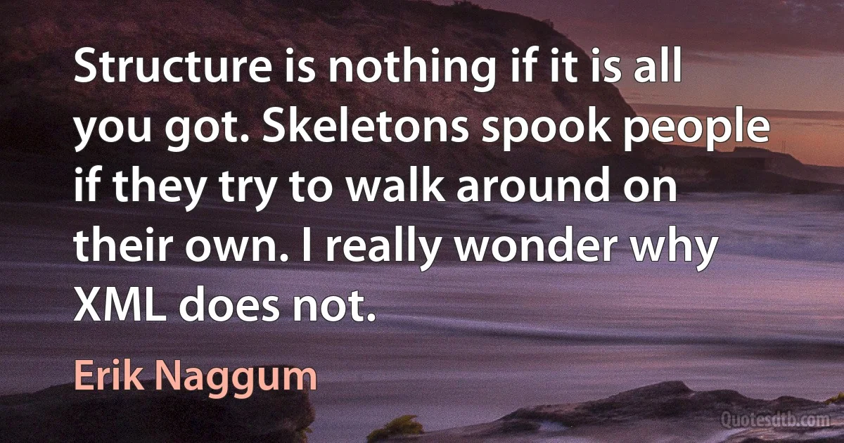 Structure is nothing if it is all you got. Skeletons spook people if they try to walk around on their own. I really wonder why XML does not. (Erik Naggum)