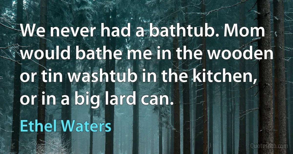 We never had a bathtub. Mom would bathe me in the wooden or tin washtub in the kitchen, or in a big lard can. (Ethel Waters)