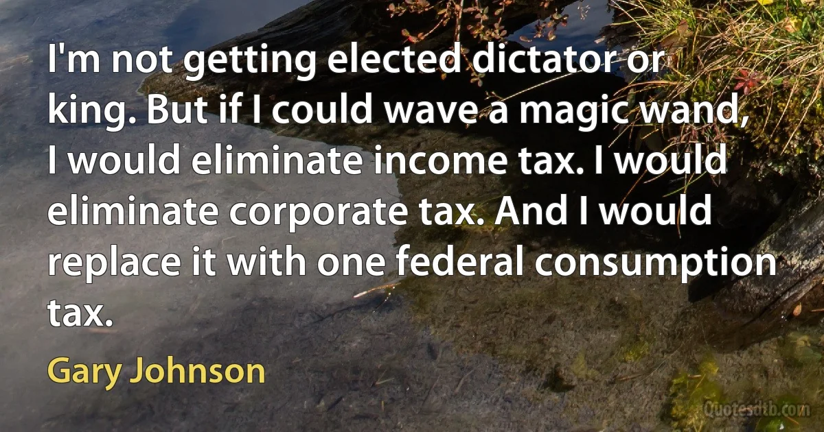 I'm not getting elected dictator or king. But if I could wave a magic wand, I would eliminate income tax. I would eliminate corporate tax. And I would replace it with one federal consumption tax. (Gary Johnson)