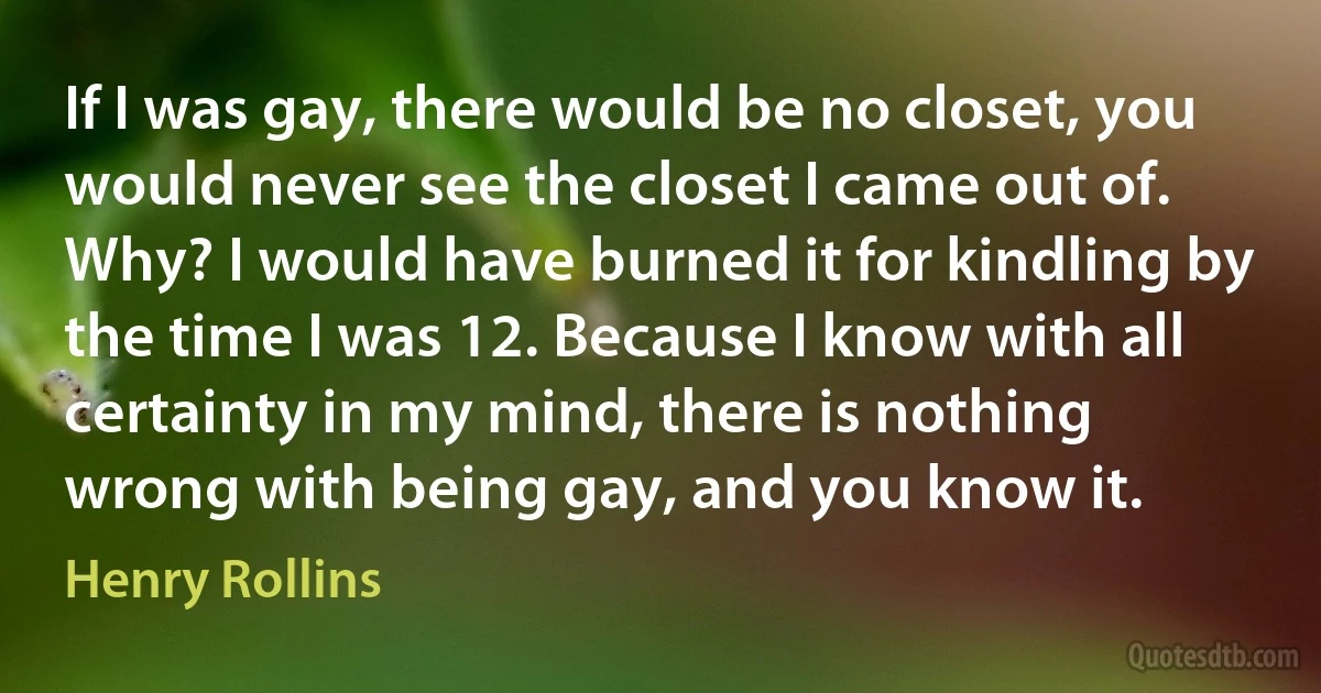 If I was gay, there would be no closet, you would never see the closet I came out of. Why? I would have burned it for kindling by the time I was 12. Because I know with all certainty in my mind, there is nothing wrong with being gay, and you know it. (Henry Rollins)