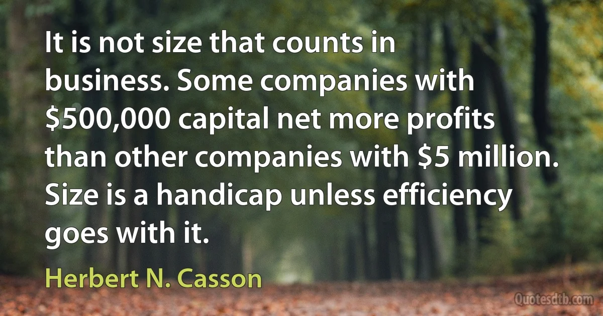 It is not size that counts in business. Some companies with $500,000 capital net more profits than other companies with $5 million. Size is a handicap unless efficiency goes with it. (Herbert N. Casson)