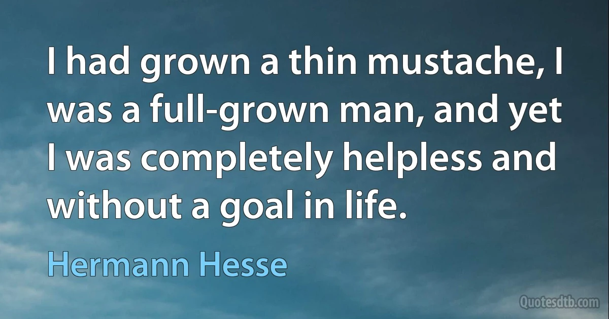 I had grown a thin mustache, I was a full-grown man, and yet I was completely helpless and without a goal in life. (Hermann Hesse)