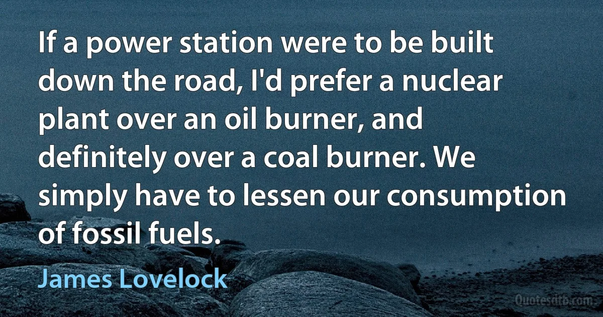 If a power station were to be built down the road, I'd prefer a nuclear plant over an oil burner, and definitely over a coal burner. We simply have to lessen our consumption of fossil fuels. (James Lovelock)