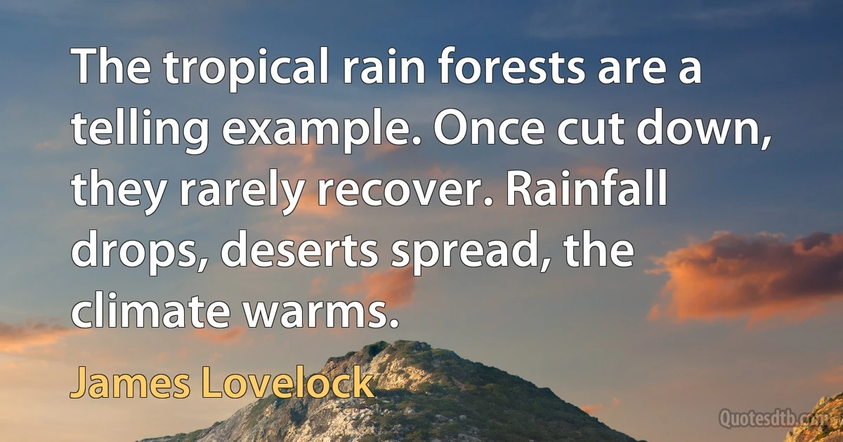 The tropical rain forests are a telling example. Once cut down, they rarely recover. Rainfall drops, deserts spread, the climate warms. (James Lovelock)