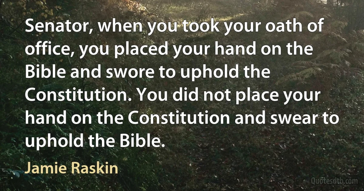 Senator, when you took your oath of office, you placed your hand on the Bible and swore to uphold the Constitution. You did not place your hand on the Constitution and swear to uphold the Bible. (Jamie Raskin)