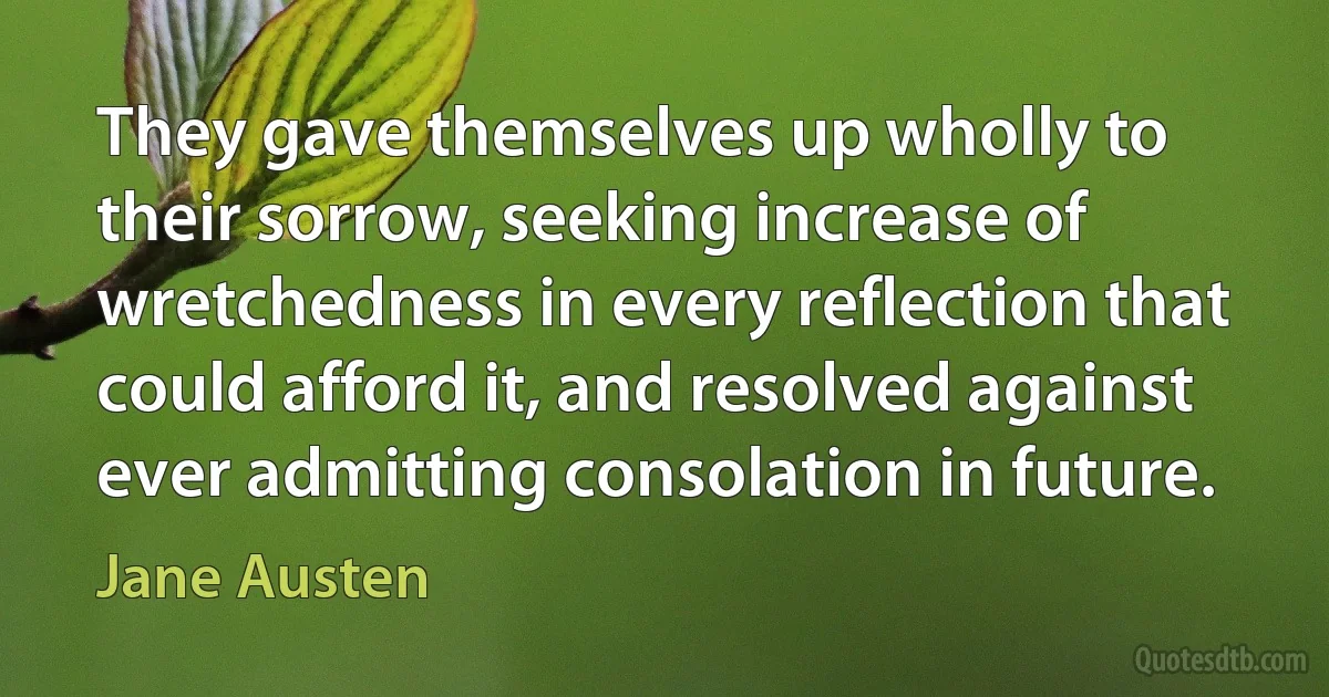 They gave themselves up wholly to their sorrow, seeking increase of wretchedness in every reflection that could afford it, and resolved against ever admitting consolation in future. (Jane Austen)