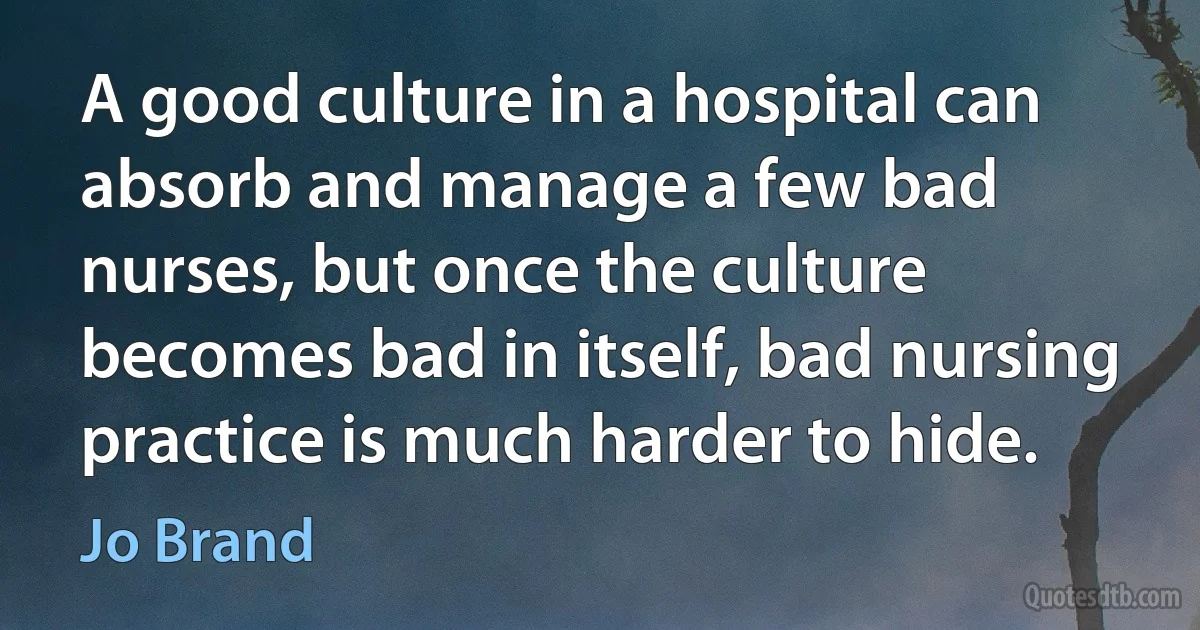 A good culture in a hospital can absorb and manage a few bad nurses, but once the culture becomes bad in itself, bad nursing practice is much harder to hide. (Jo Brand)