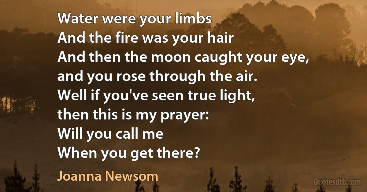 Water were your limbs
And the fire was your hair
And then the moon caught your eye,
and you rose through the air.
Well if you've seen true light,
then this is my prayer:
Will you call me
When you get there? (Joanna Newsom)