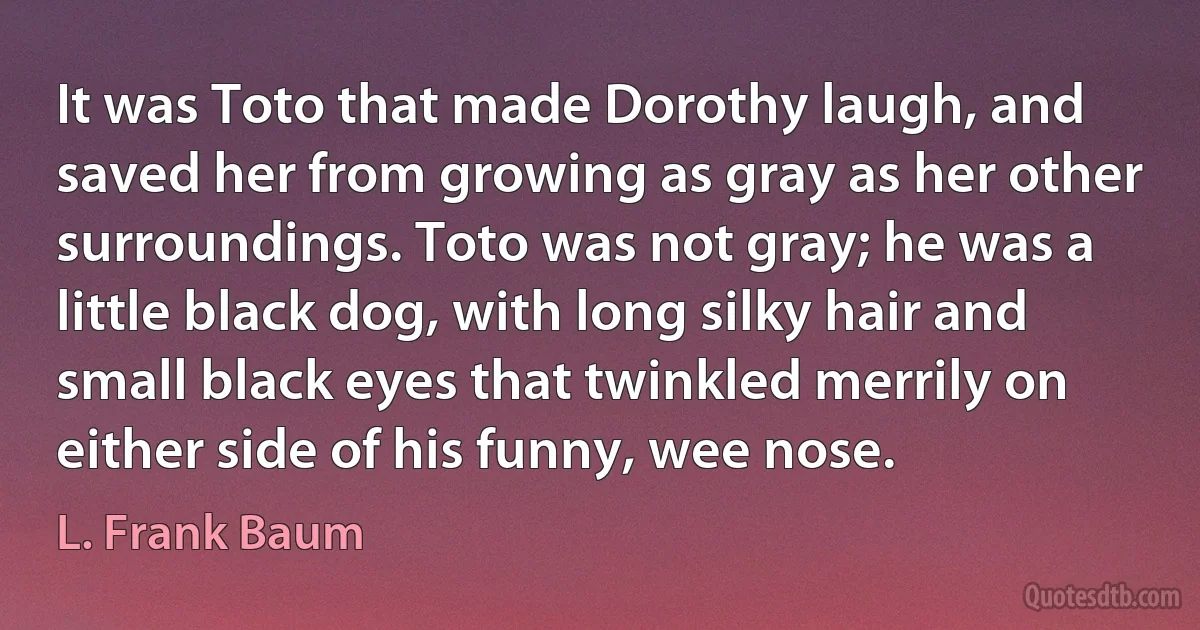 It was Toto that made Dorothy laugh, and saved her from growing as gray as her other surroundings. Toto was not gray; he was a little black dog, with long silky hair and small black eyes that twinkled merrily on either side of his funny, wee nose. (L. Frank Baum)