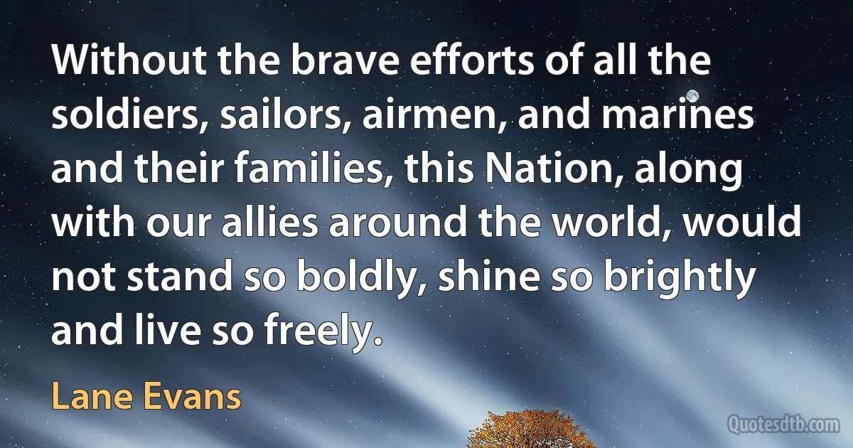 Without the brave efforts of all the soldiers, sailors, airmen, and marines and their families, this Nation, along with our allies around the world, would not stand so boldly, shine so brightly and live so freely. (Lane Evans)