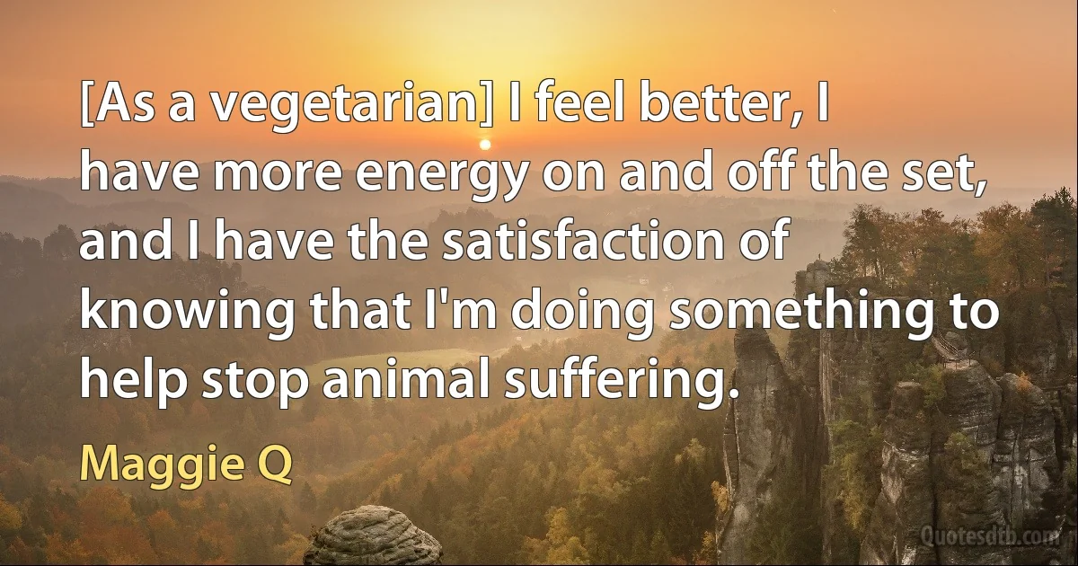 [As a vegetarian] I feel better, I have more energy on and off the set, and I have the satisfaction of knowing that I'm doing something to help stop animal suffering. (Maggie Q)