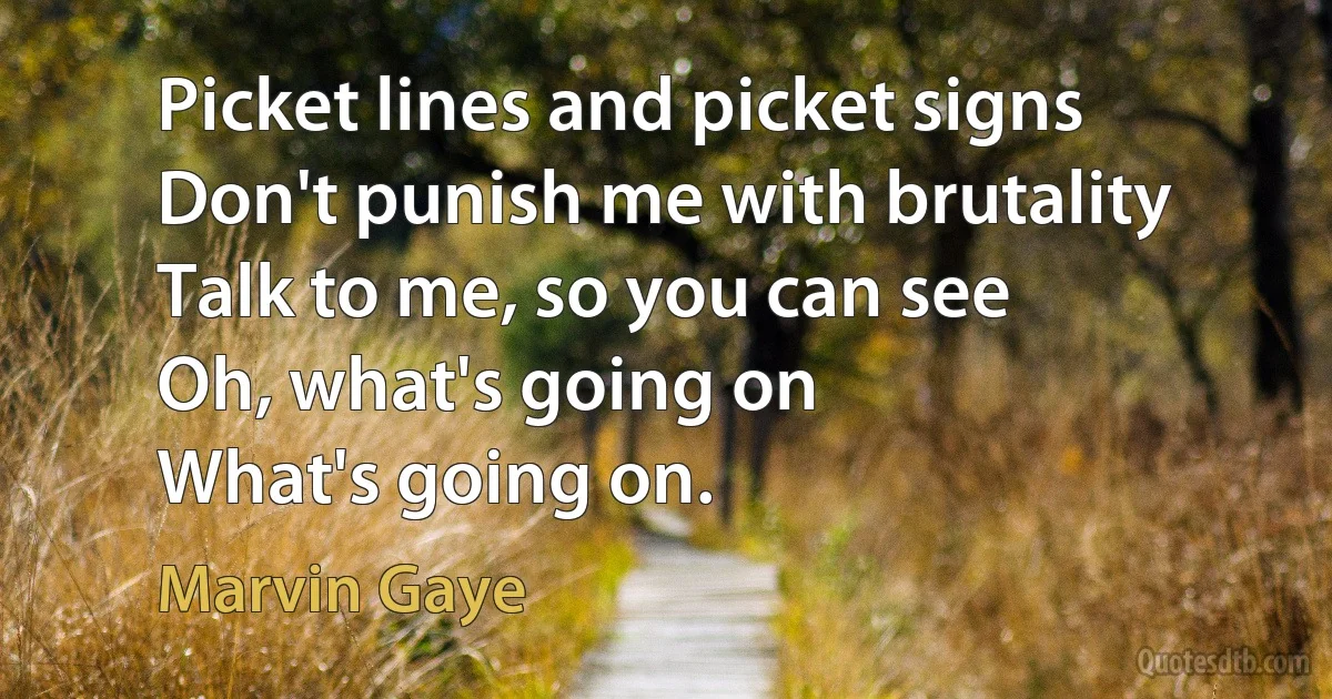 Picket lines and picket signs
Don't punish me with brutality
Talk to me, so you can see
Oh, what's going on
What's going on. (Marvin Gaye)