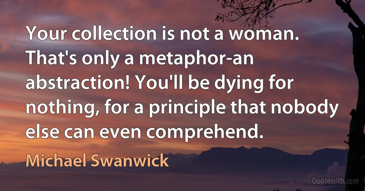 Your collection is not a woman. That's only a metaphor-an abstraction! You'll be dying for nothing, for a principle that nobody else can even comprehend. (Michael Swanwick)