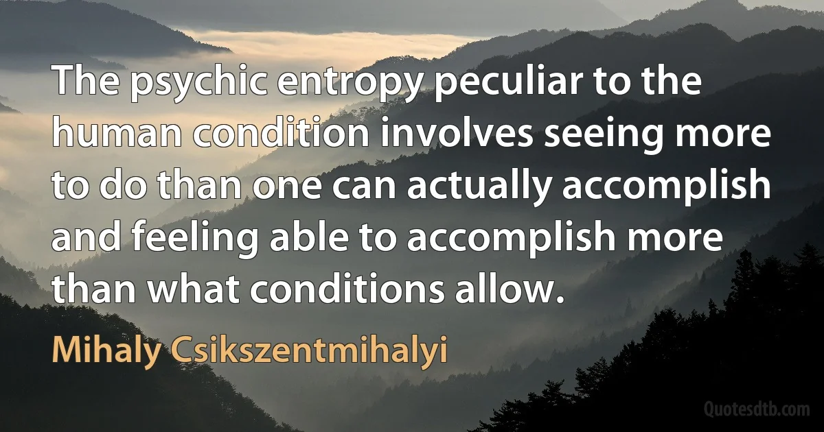 The psychic entropy peculiar to the human condition involves seeing more to do than one can actually accomplish and feeling able to accomplish more than what conditions allow. (Mihaly Csikszentmihalyi)