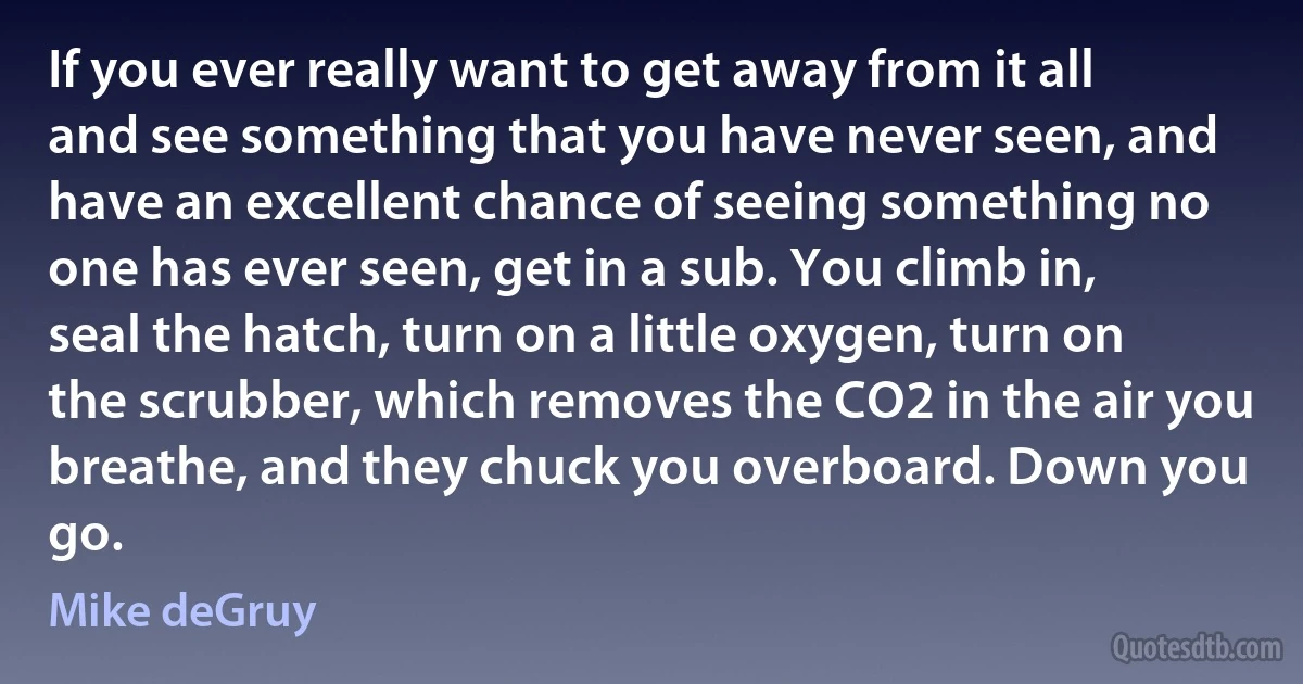 If you ever really want to get away from it all and see something that you have never seen, and have an excellent chance of seeing something no one has ever seen, get in a sub. You climb in, seal the hatch, turn on a little oxygen, turn on the scrubber, which removes the CO2 in the air you breathe, and they chuck you overboard. Down you go. (Mike deGruy)