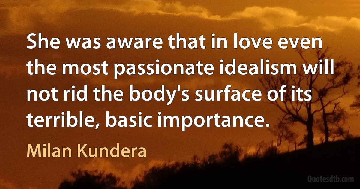 She was aware that in love even the most passionate idealism will not rid the body's surface of its terrible, basic importance. (Milan Kundera)