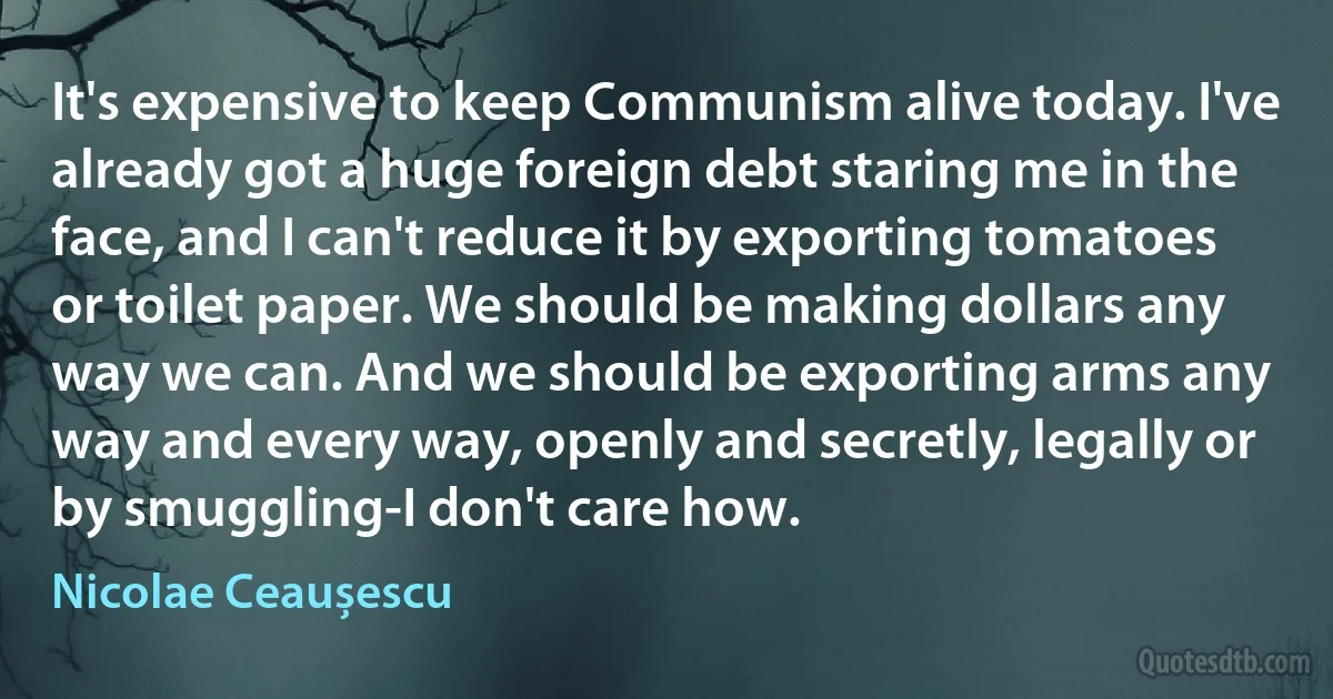 It's expensive to keep Communism alive today. I've already got a huge foreign debt staring me in the face, and I can't reduce it by exporting tomatoes or toilet paper. We should be making dollars any way we can. And we should be exporting arms any way and every way, openly and secretly, legally or by smuggling-I don't care how. (Nicolae Ceaușescu)