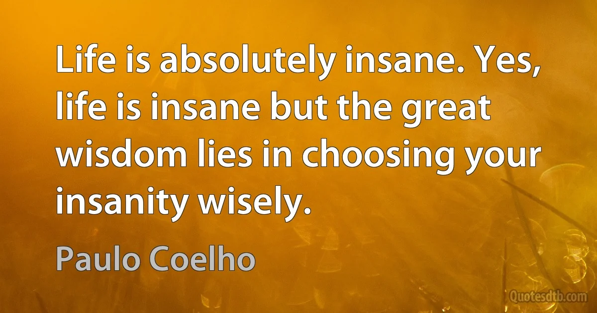 Life is absolutely insane. Yes, life is insane but the great wisdom lies in choosing your insanity wisely. (Paulo Coelho)