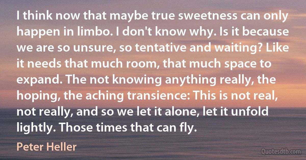 I think now that maybe true sweetness can only happen in limbo. I don't know why. Is it because we are so unsure, so tentative and waiting? Like it needs that much room, that much space to expand. The not knowing anything really, the hoping, the aching transience: This is not real, not really, and so we let it alone, let it unfold lightly. Those times that can fly. (Peter Heller)