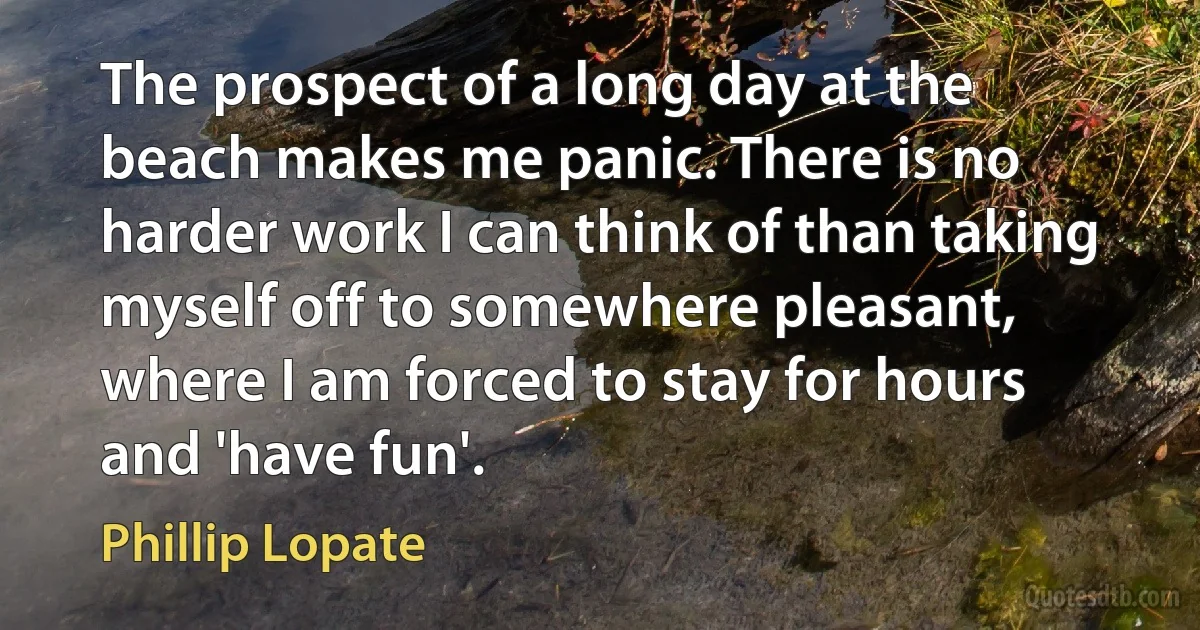 The prospect of a long day at the beach makes me panic. There is no harder work I can think of than taking myself off to somewhere pleasant, where I am forced to stay for hours and 'have fun'. (Phillip Lopate)